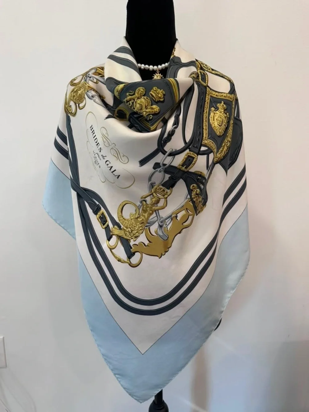 Hermes Silk Scarf Carré 90 Blue White Hand Rolled Made in France